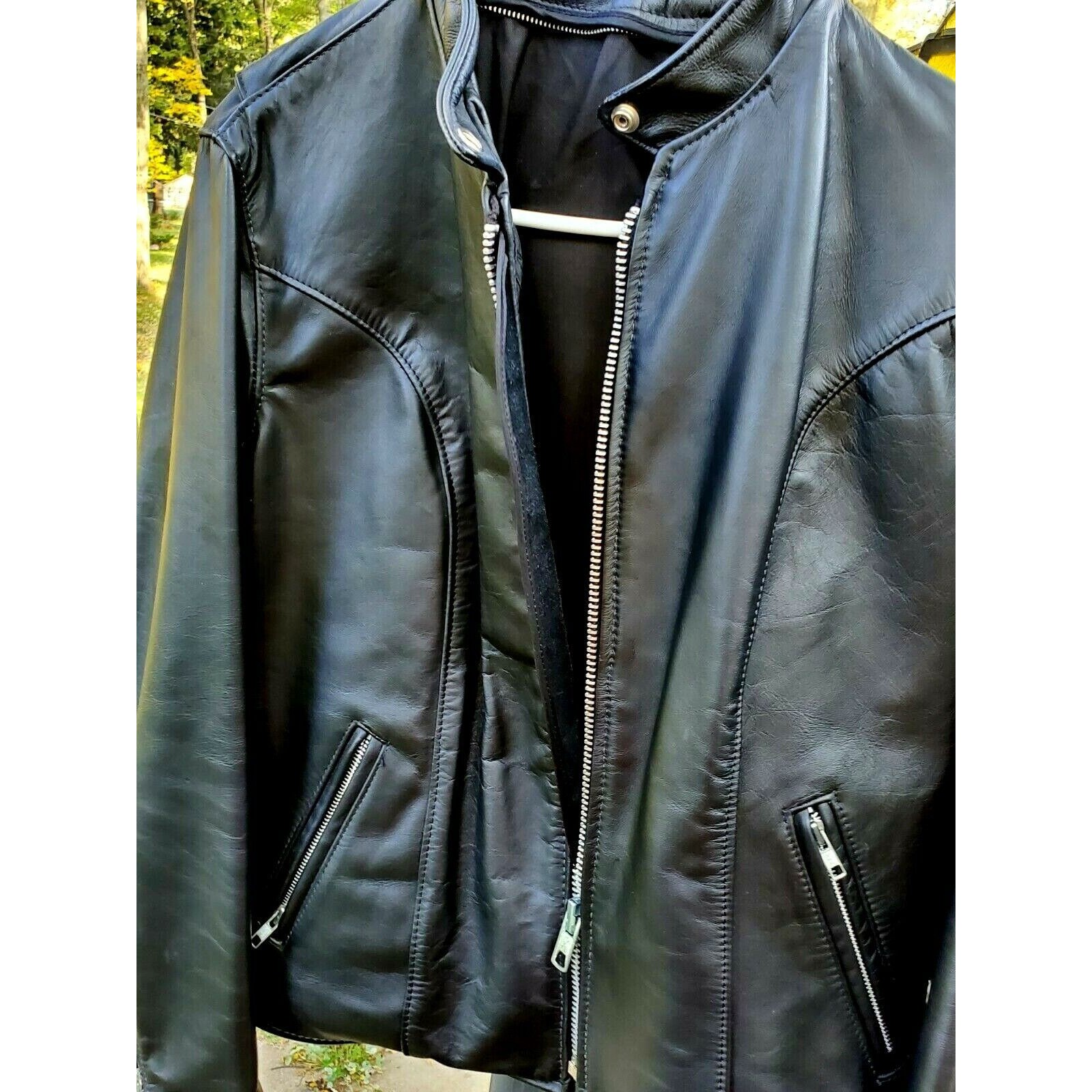 Unisex M 40 Black Heavy Thick Leather Motorcycle Cafe Racer Jacket Coat Vtg Usa